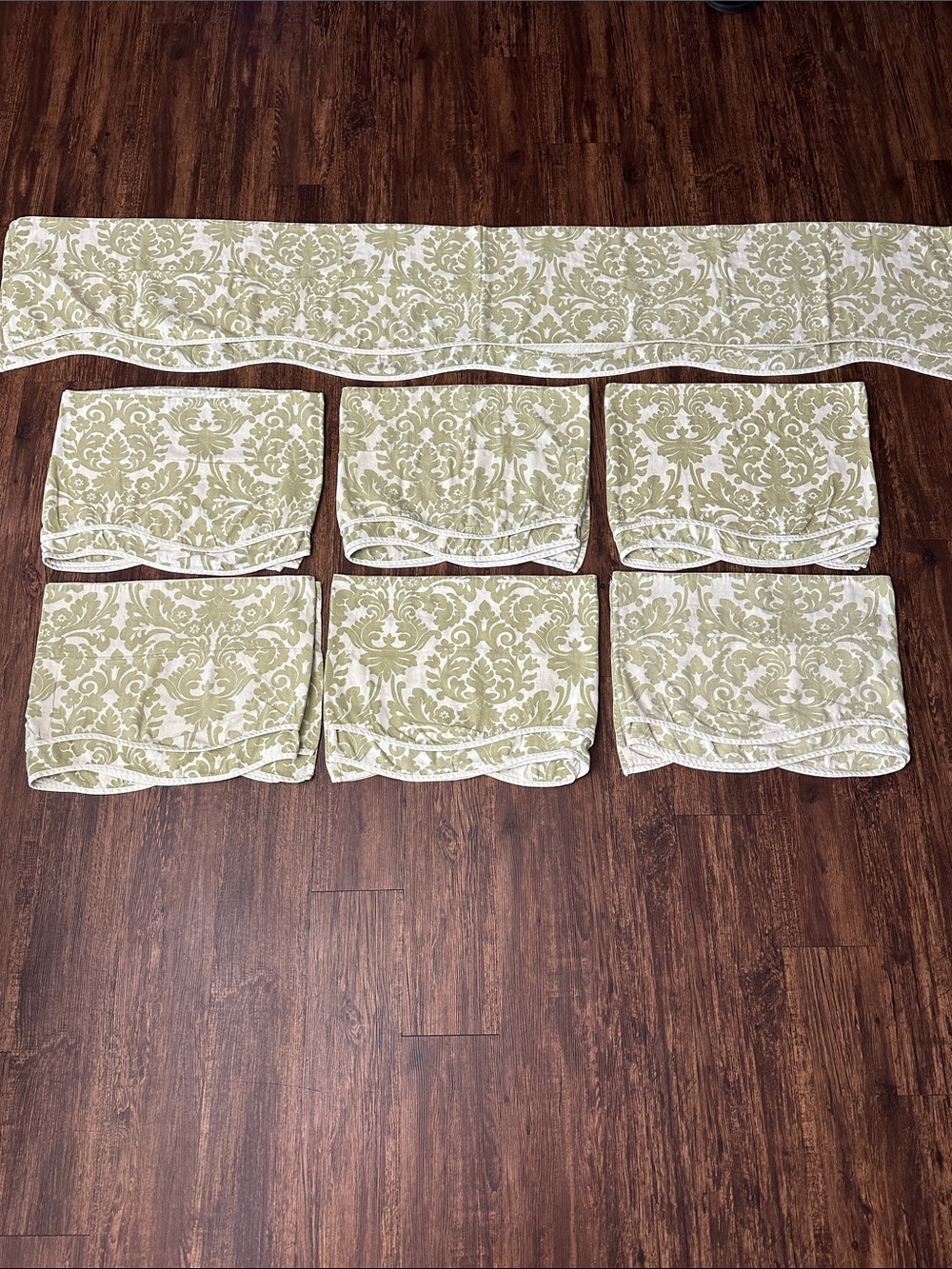 Custom Sage Green Damask Window Valance Set 7 Panels Farmhouse Cottagecore